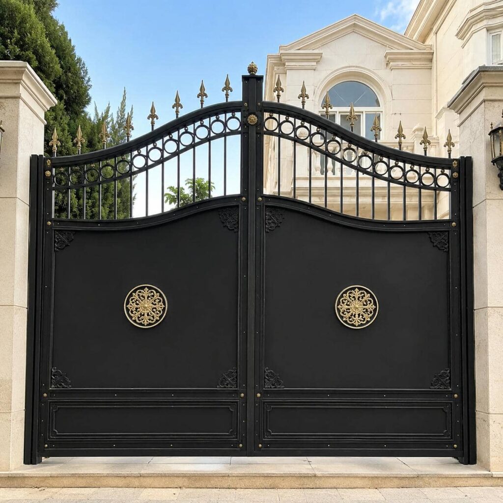 طرح هندسی درب حیاط مشکی طلایی برای نمای مدرن