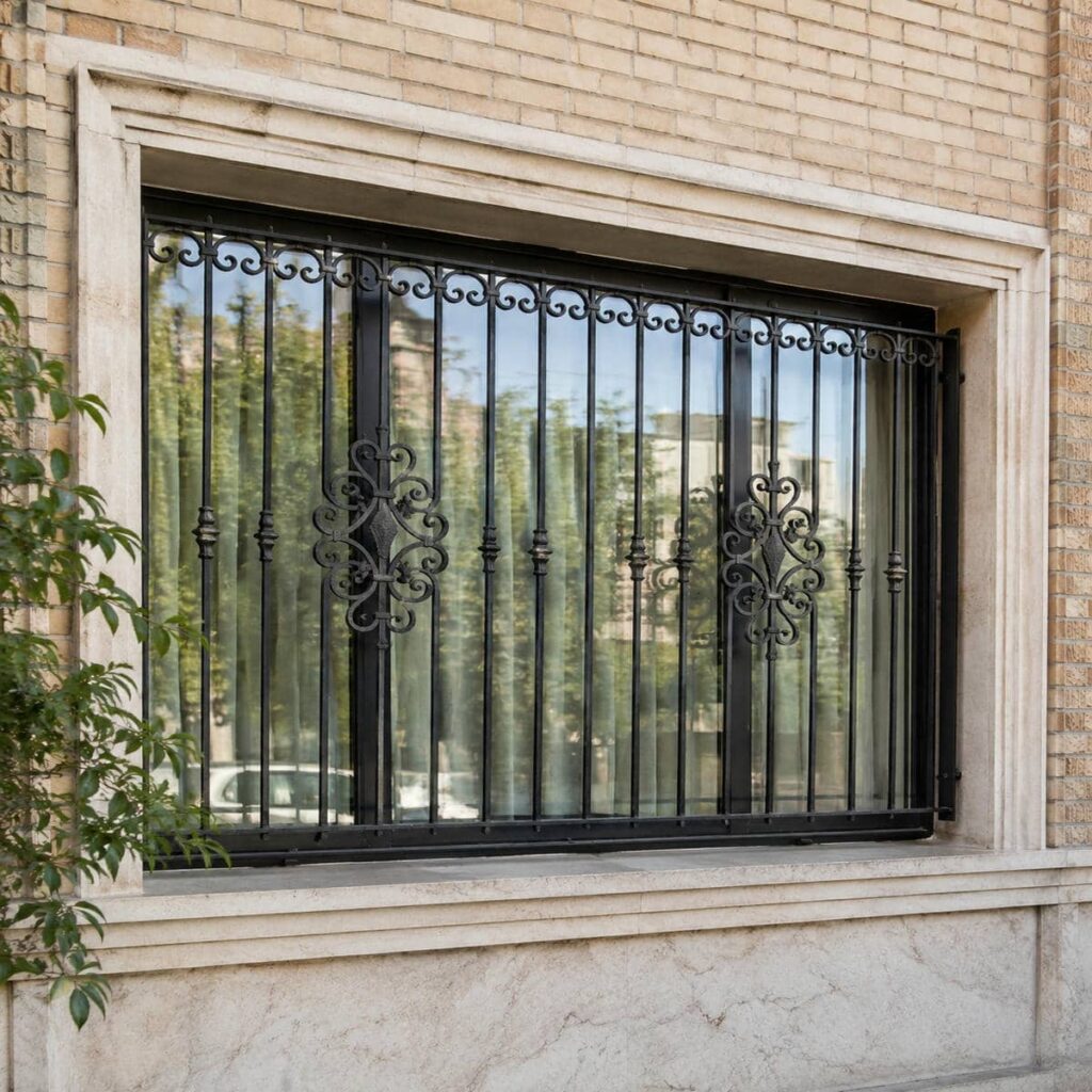 اجرای حفاظ پنجره مشکی طلایی نما فرفورژه اجرای حفاظ پنجره مشکی طلایی نما فرفورژه